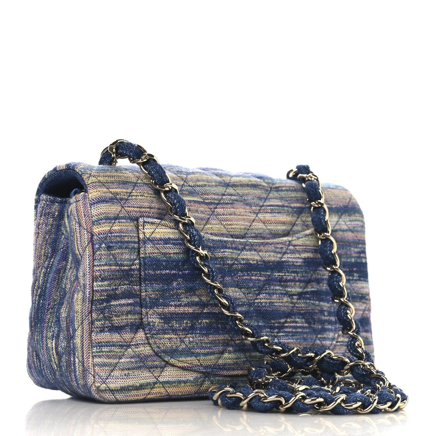 Striated Denim Quilted Classics in Fabrics Mini Rectangular Flap Navy Yellow Purple Green Multicolor