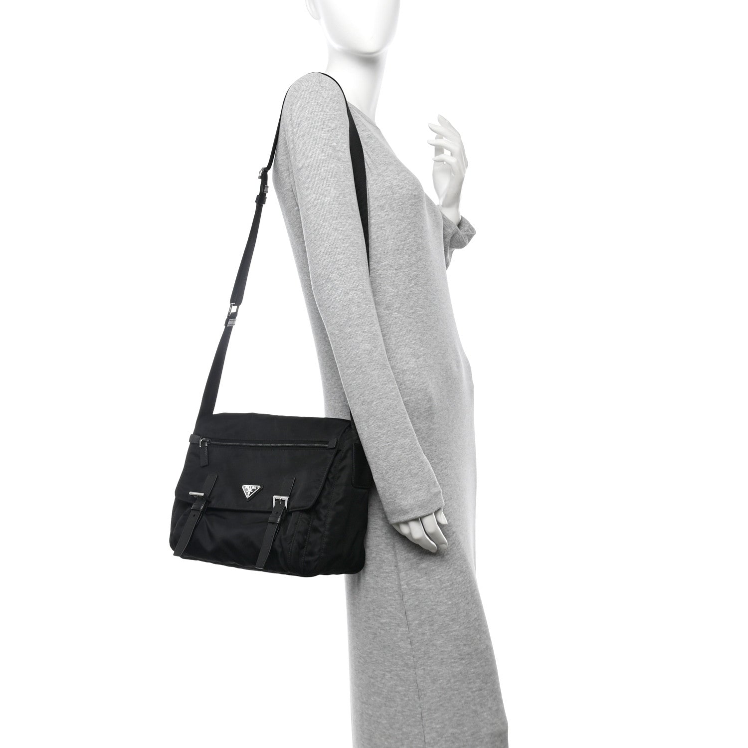 Tessuto Nylon Saffiano Double Buckle Messenger Shoulder Bag Black