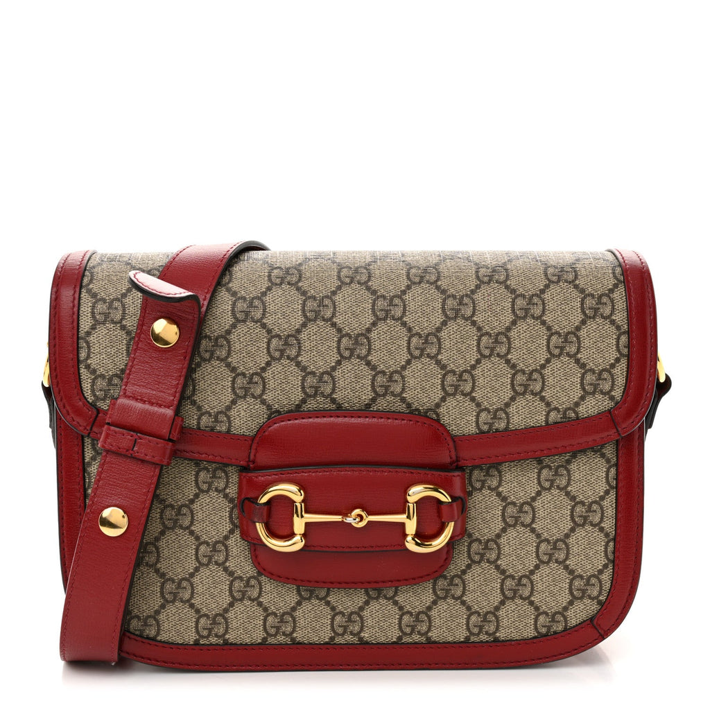 GG Supreme Monogram Azalea Calfskin Horsebit 1955 Shoulder Bag Beige Ebony New Cherry Red