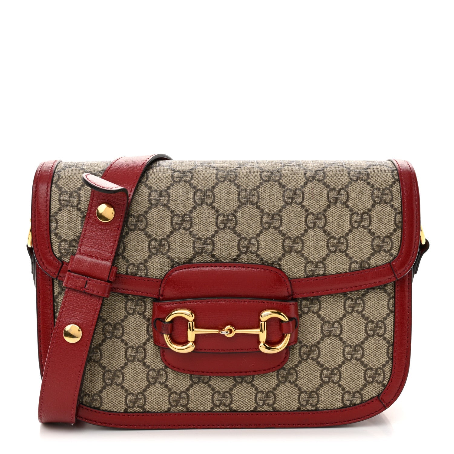 GG Supreme Monogram Azalea Calfskin Horsebit 1955 Shoulder Bag Beige Ebony New Cherry Red