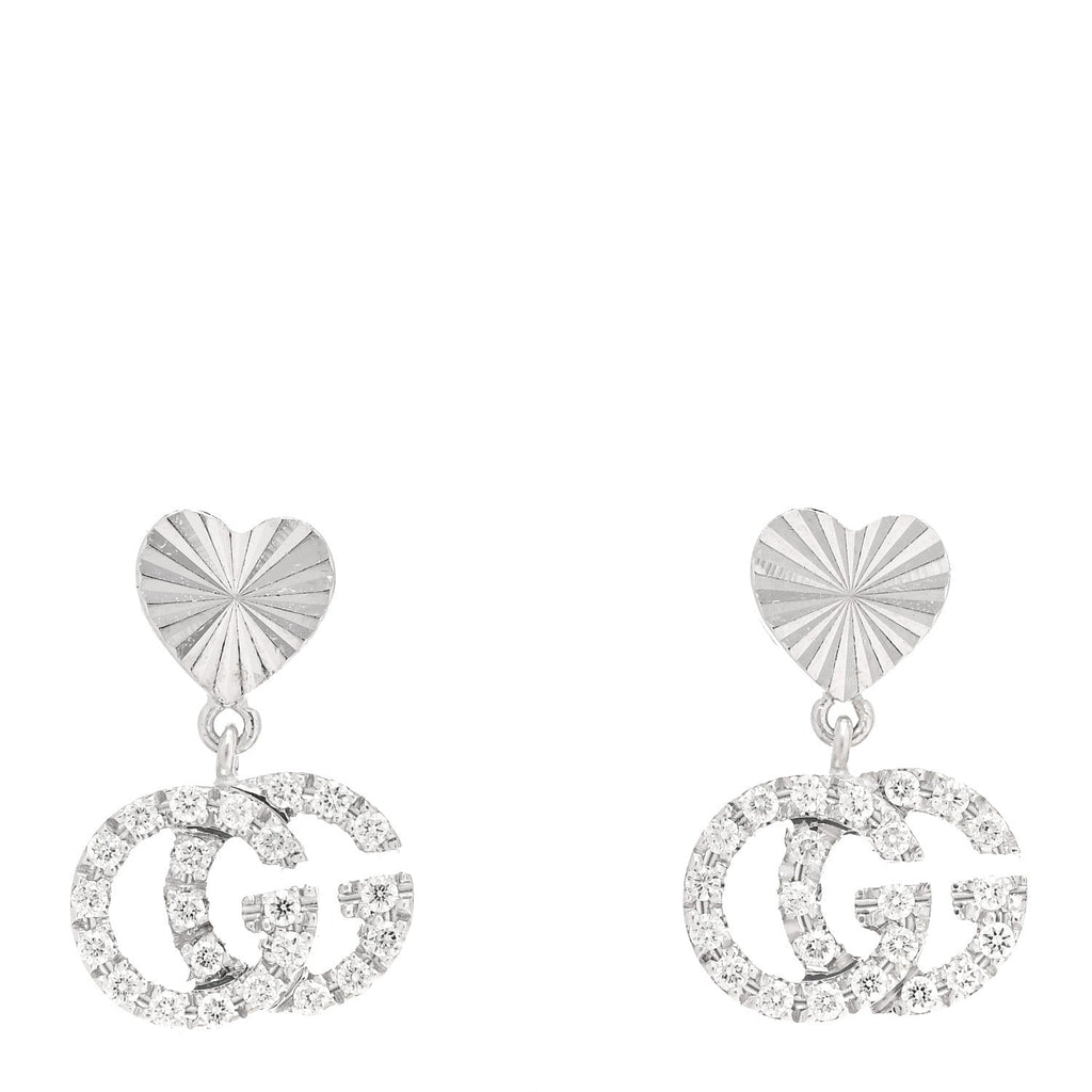 18K White Gold Diamond GG Running Heart Drop Earrings