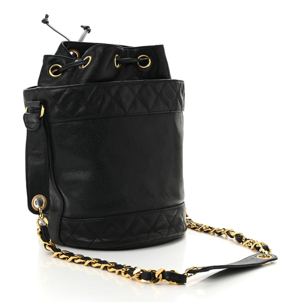 Caviar Drawstring Bucket Shoulder Bag Black