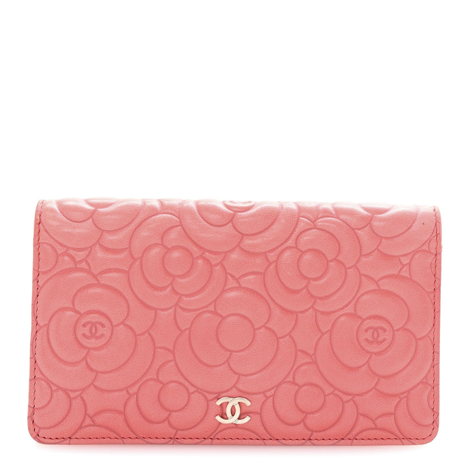 Lambskin Camellia Embossed Yen Wallet Pink