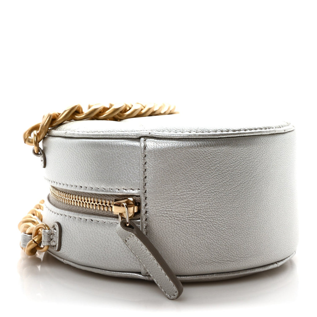 Metallic Lambskin Quilted Chanel 19 Round Clutch With Chain Silver