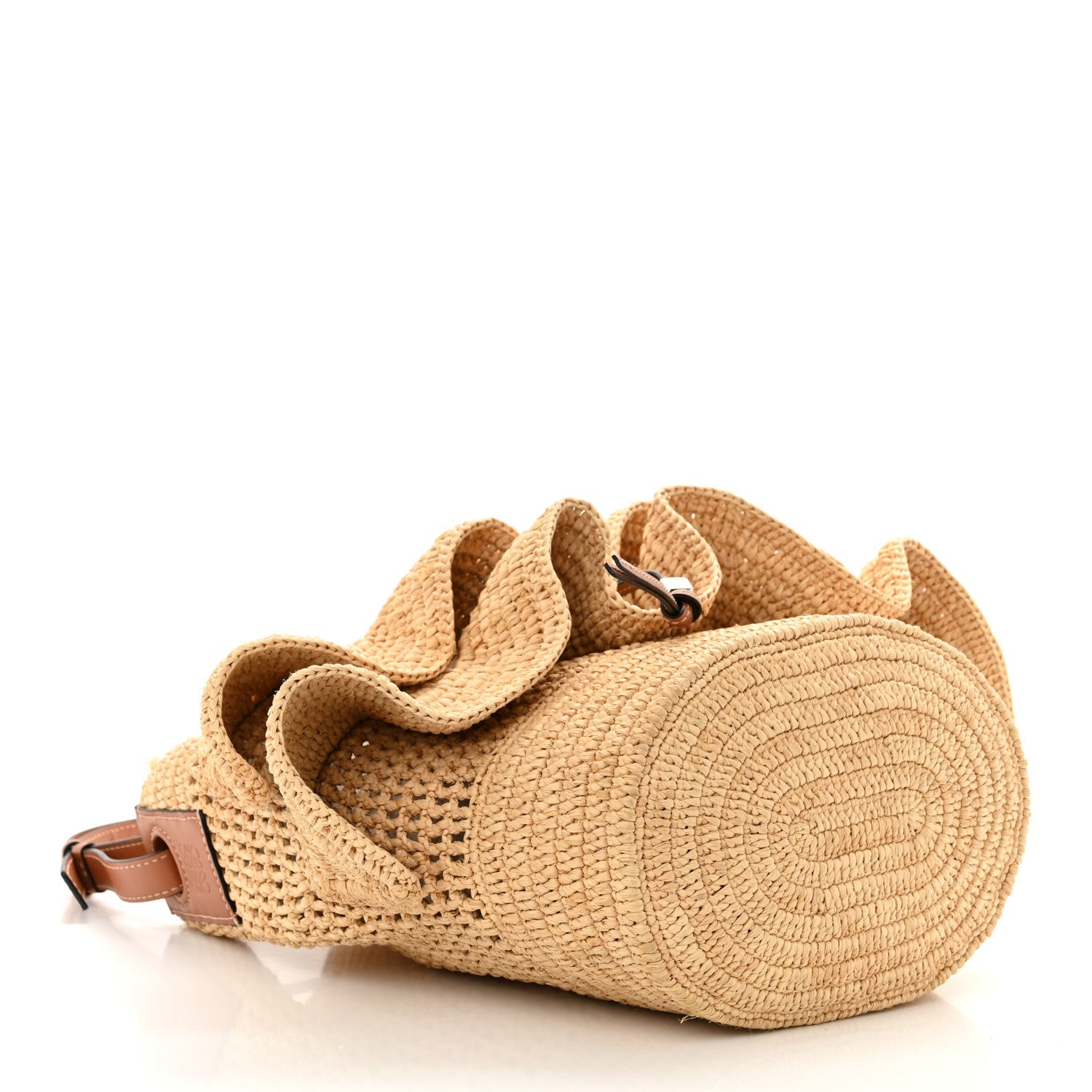 Raffia Calfskin Balloon Ruffles Bucket Bag Natural Tan