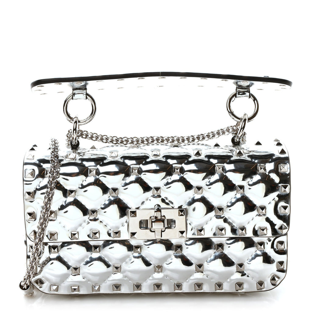 Metallic Patent Quilted Small Rockstud Spike Shoulder Bag Silver