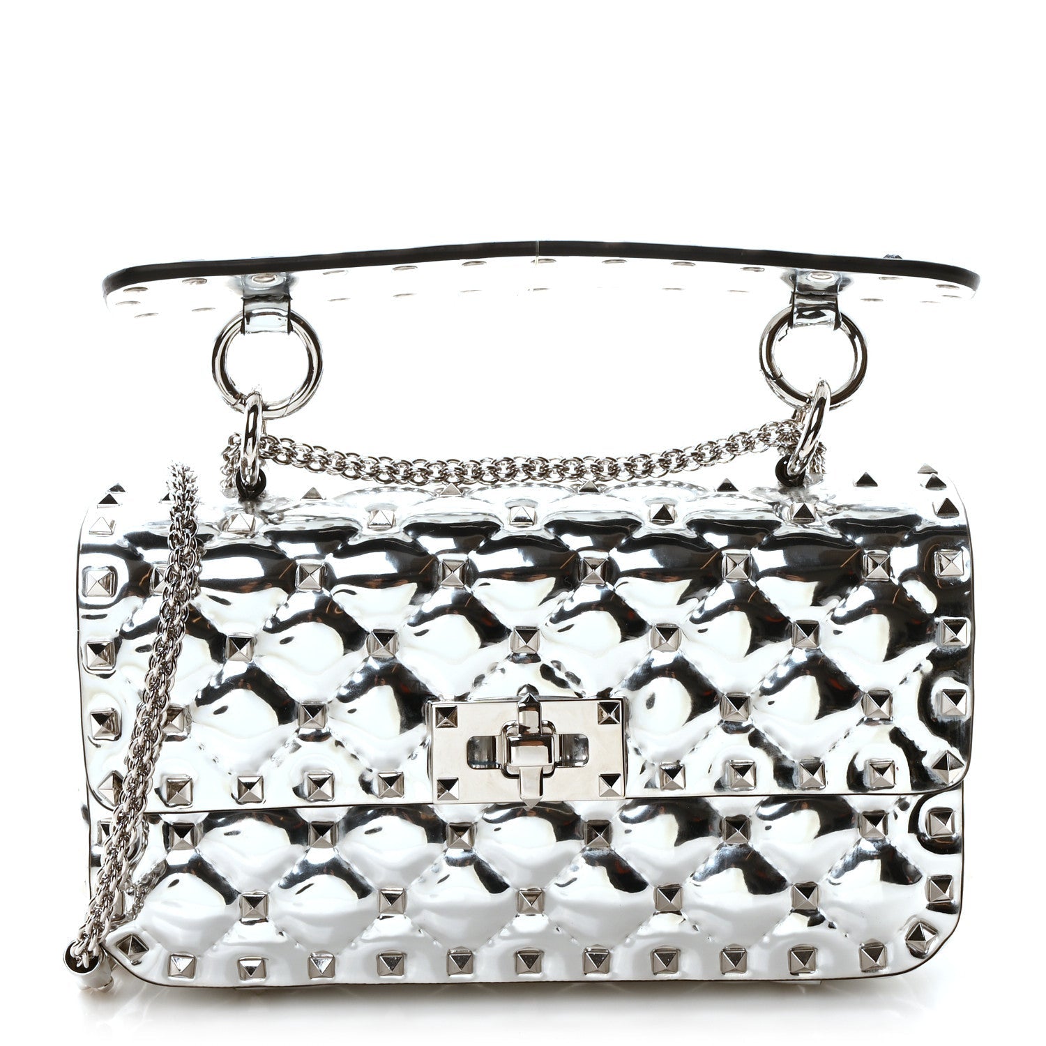 Metallic Patent Quilted Small Rockstud Spike Shoulder Bag Silver