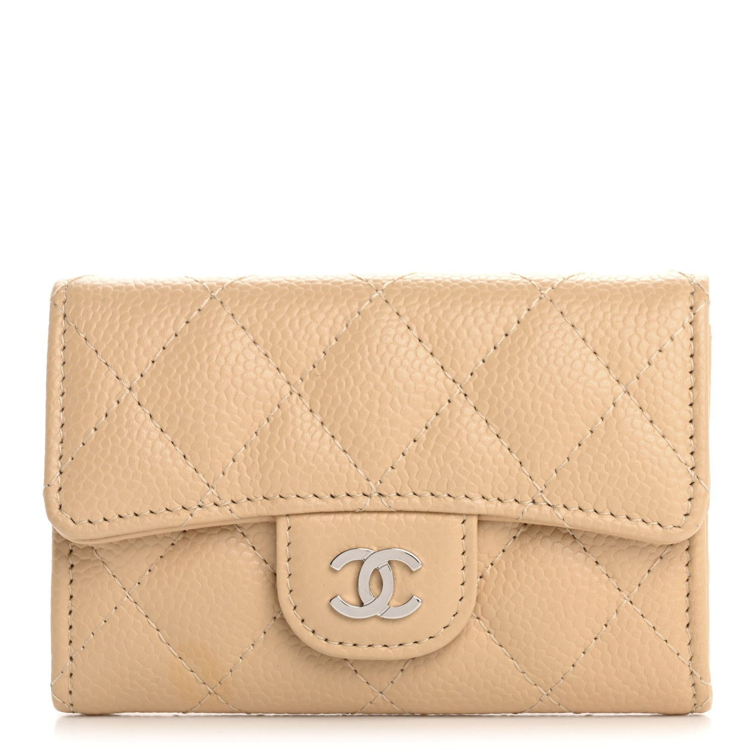Caviar Quilted Flap  Holder Wallet Light Beige