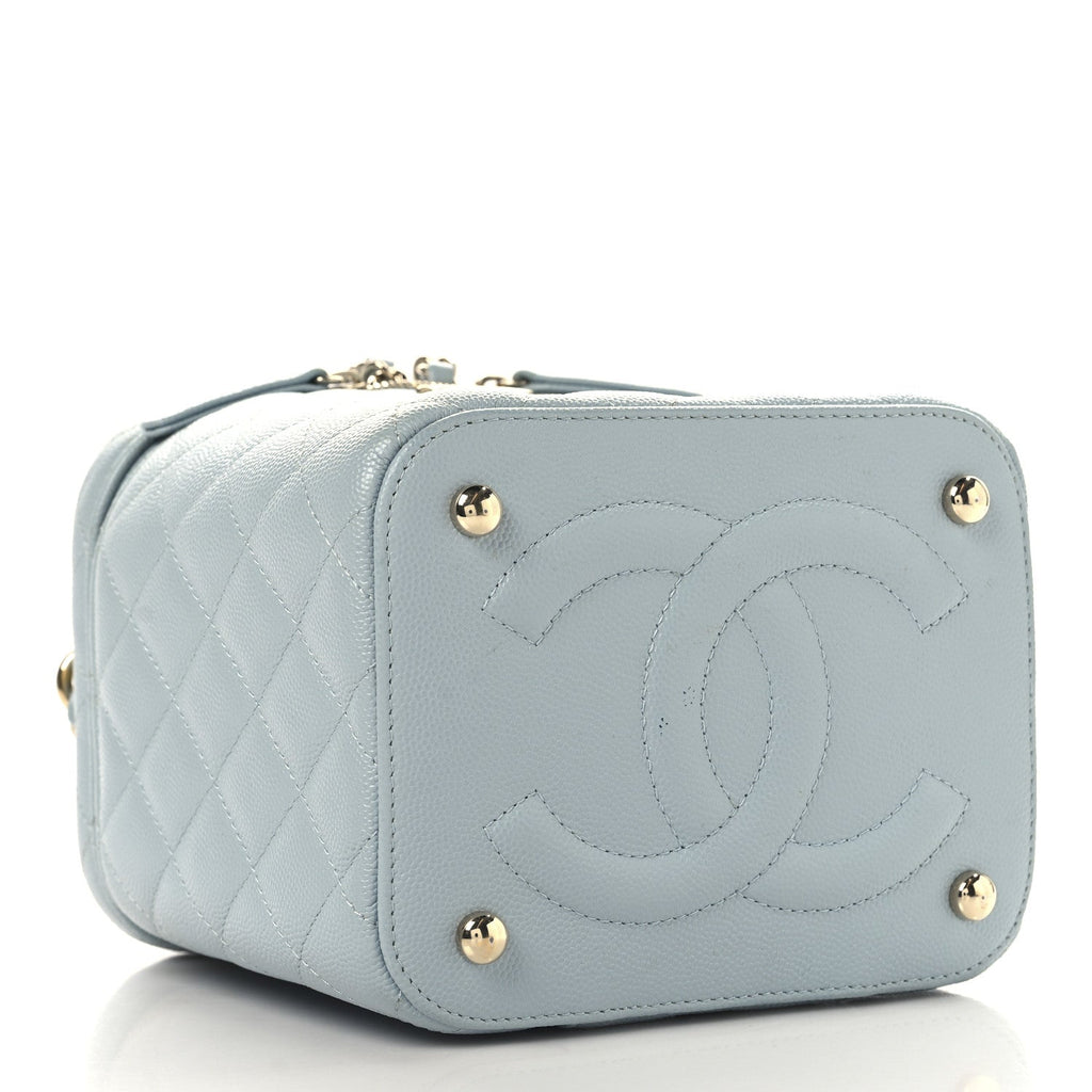 Caviar Quilted Small Top Handle Vanity Case With Chain Light Blue