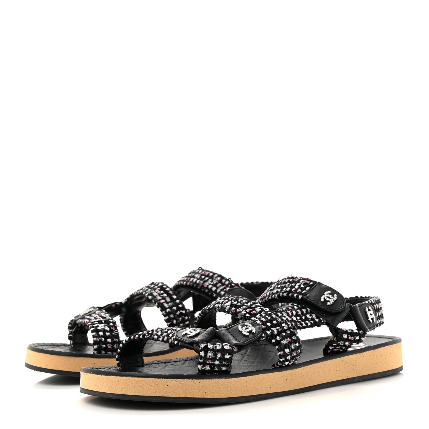 Glittered Tweed Lambskin Dad Sandals 39 Black White