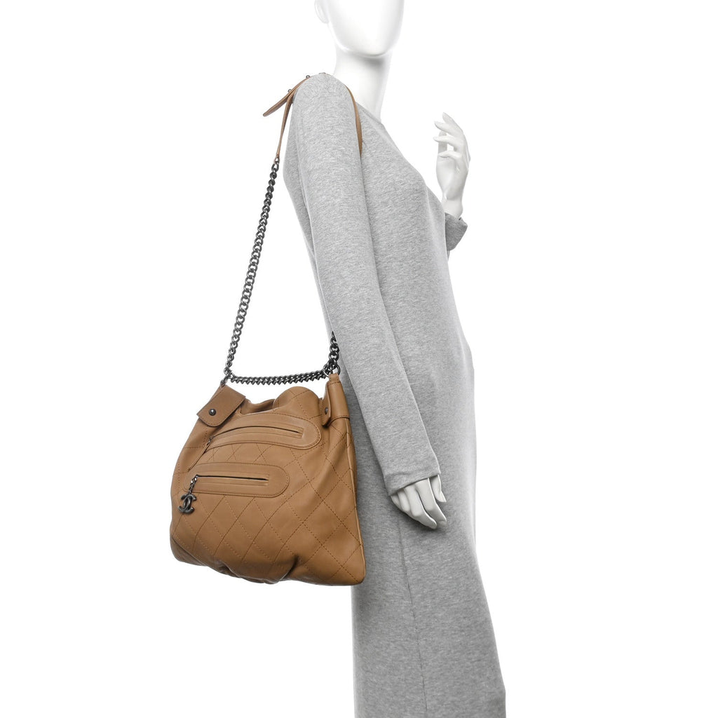 Calfskin Stitched Double Zip Hobo Beige