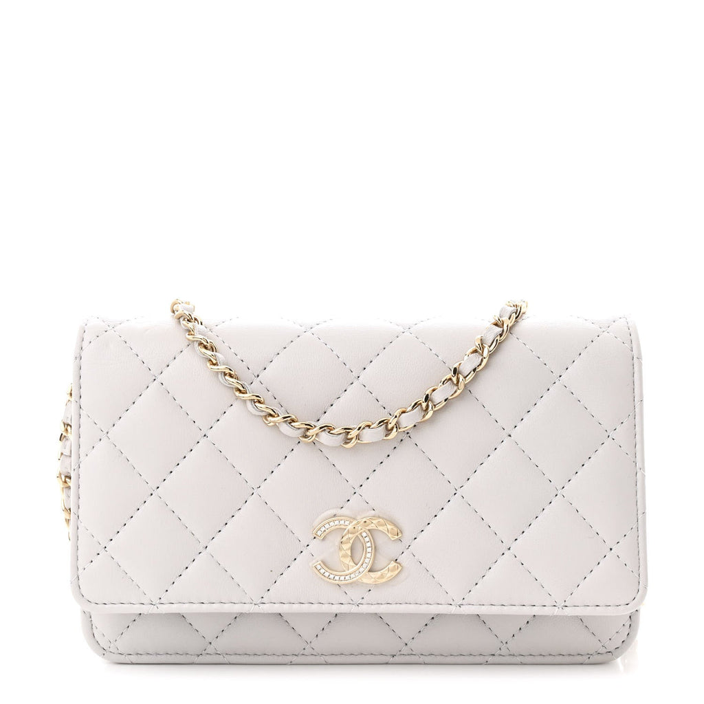 Lambskin Quilted Crystal CC Wallet On Chain WOC Grey