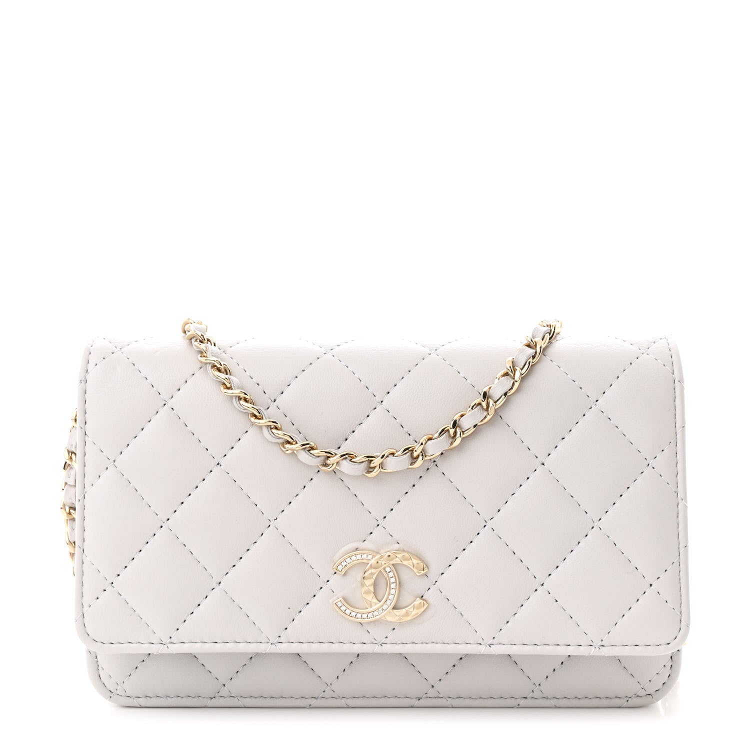 Lambskin Quilted Crystal CC Wallet On Chain WOC Grey
