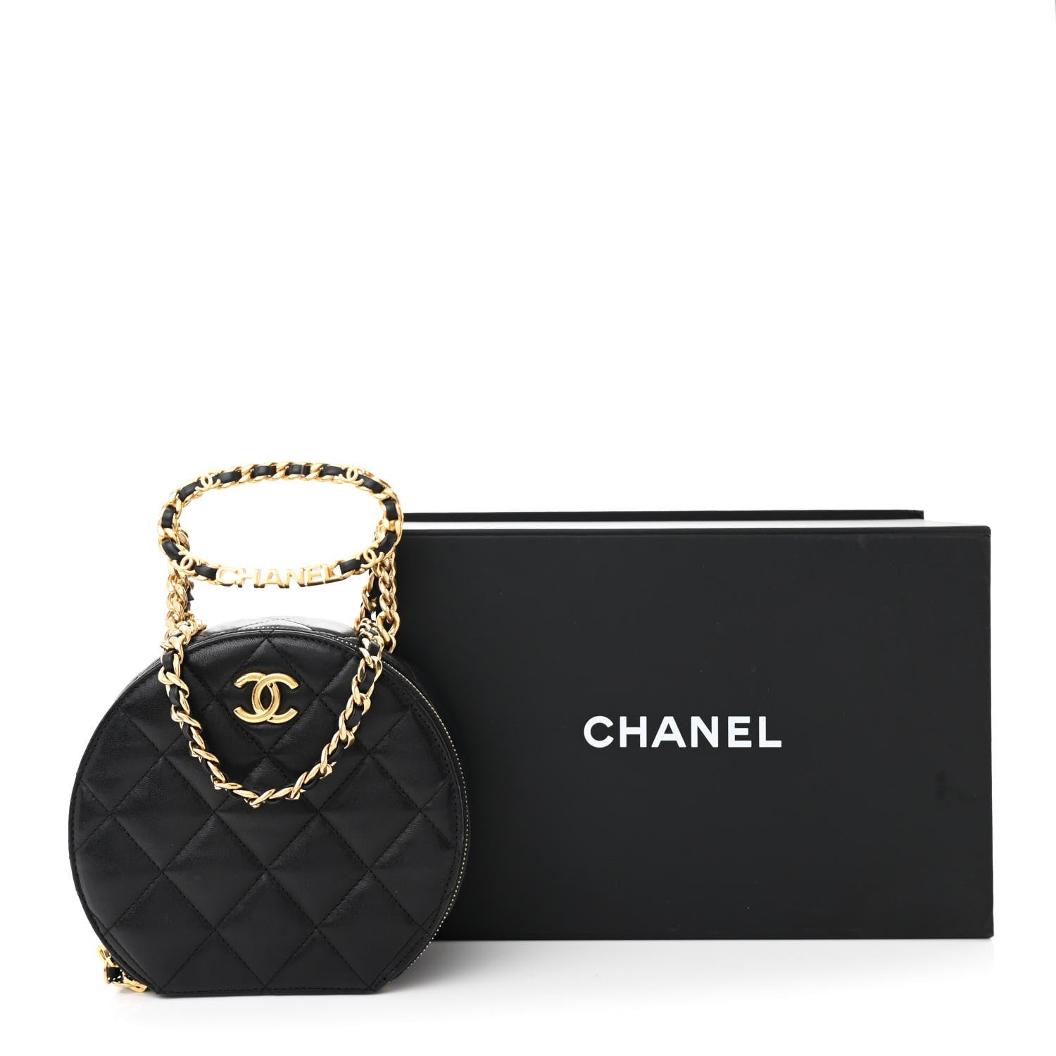 Lambskin Metal Quilted Small Top Handle Round Shoulder Bag Black