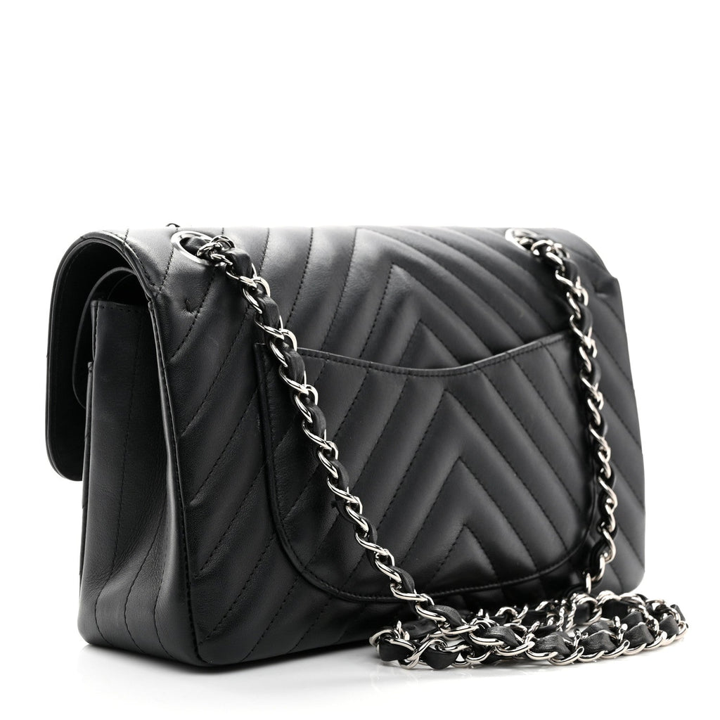 Calfskin Chevron Quilted Small Double Flap Black