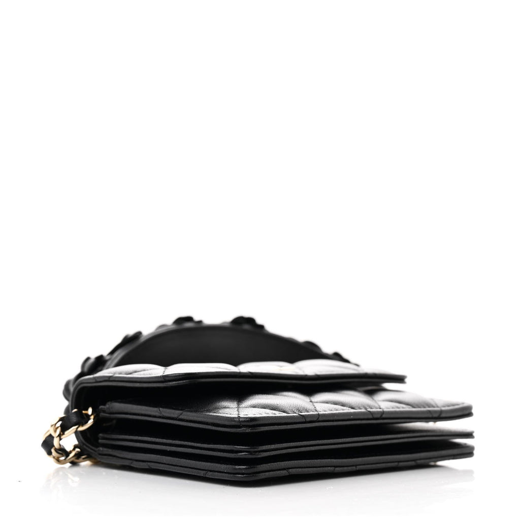 Lambskin Quilted Camellia  Holder On Chain Black