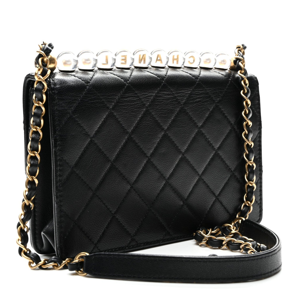 Lambskin Quilted Small Chic Pearls Flap Black