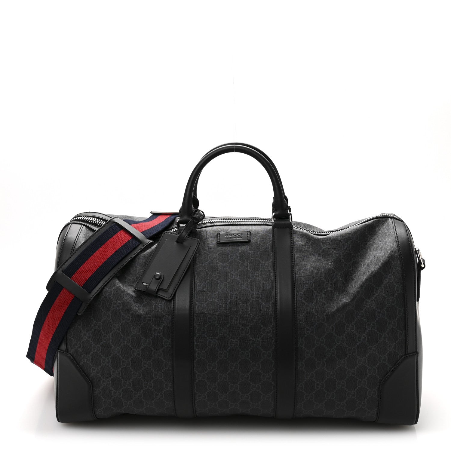 Soft GG Supreme Monogram Appia Calfskin Web Large Carry On Duffle Bag Black Grey