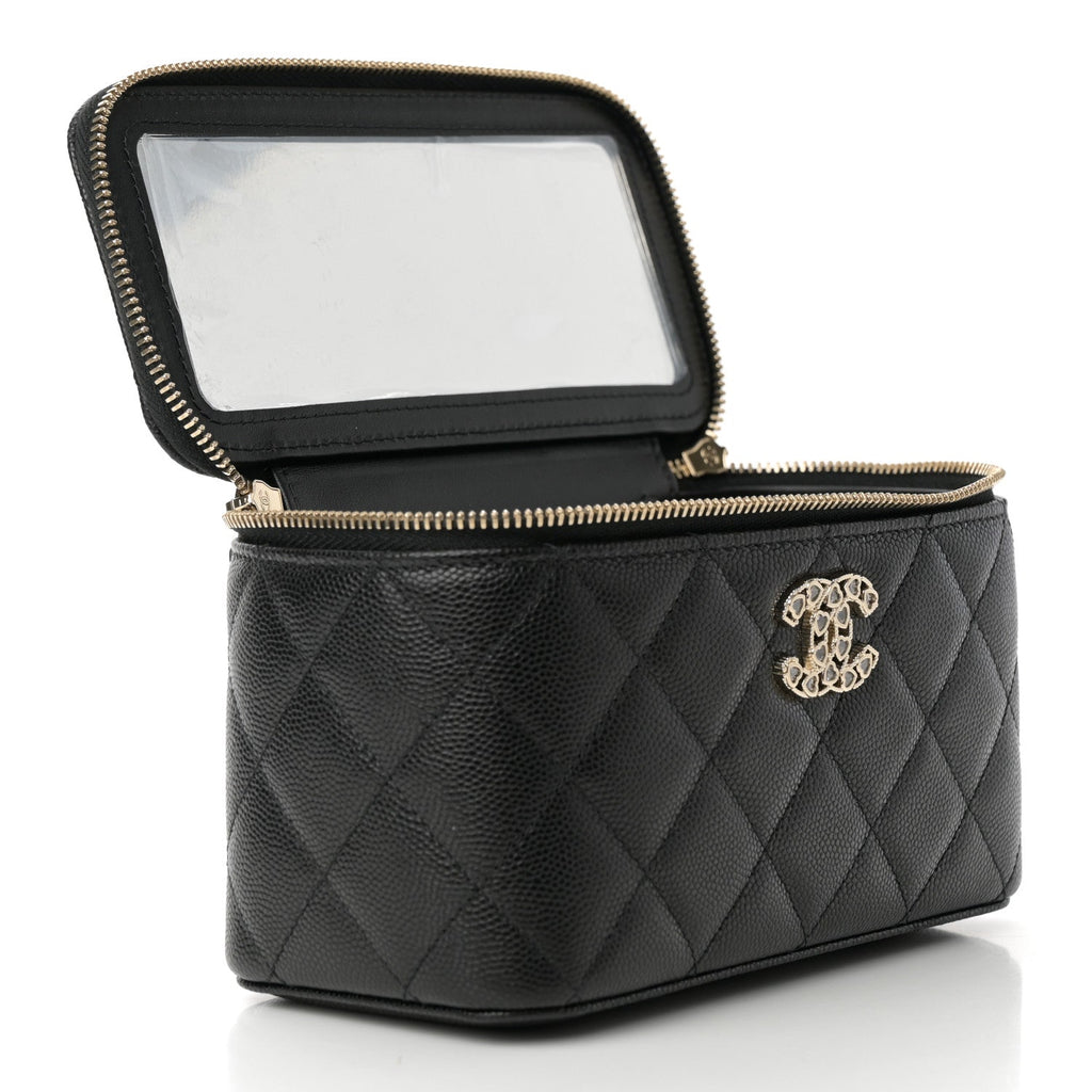 Caviar Quilted Crystal Hearts Small Vanity Case With Chain Black