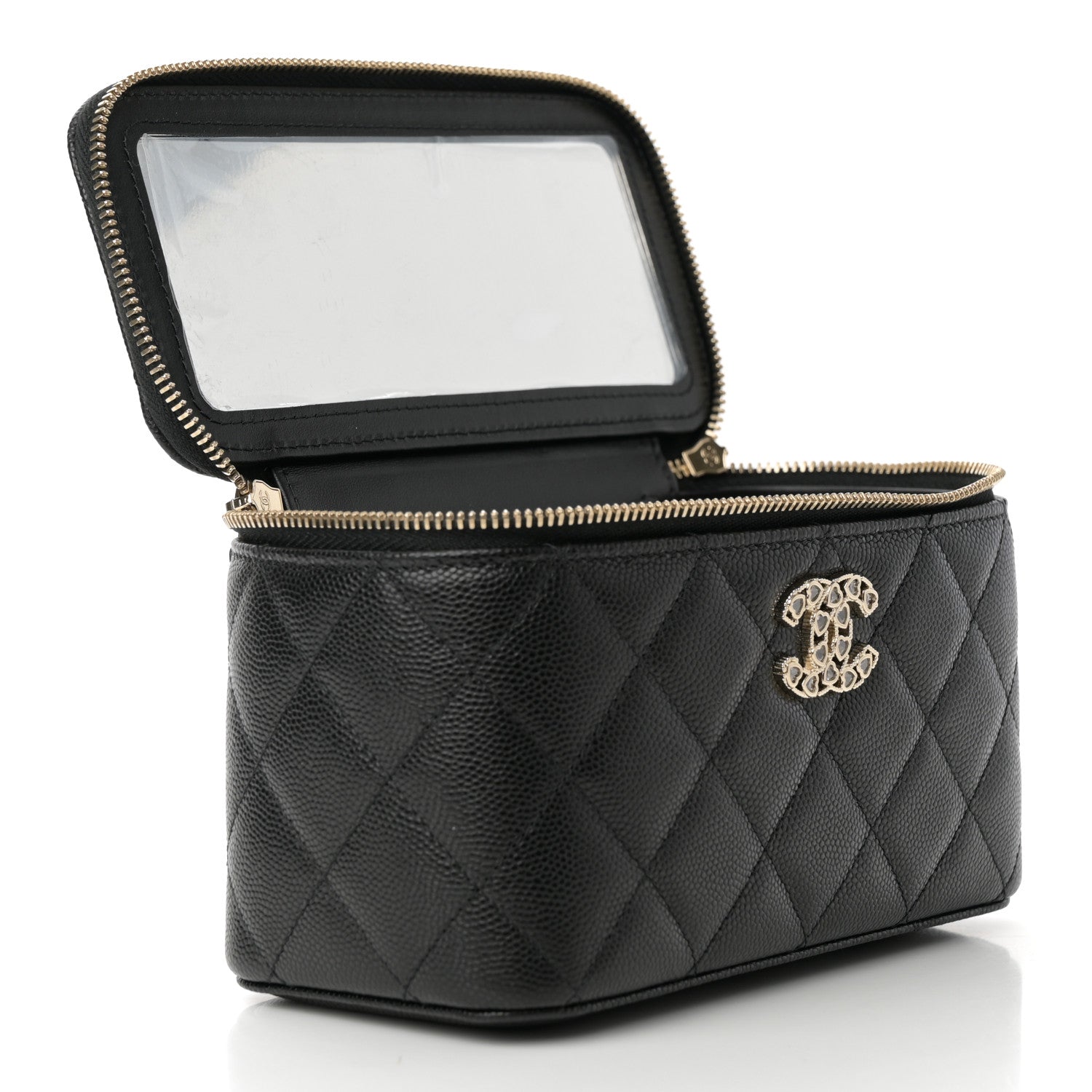 Caviar Quilted Crystal Hearts Small Vanity Case With Chain Black