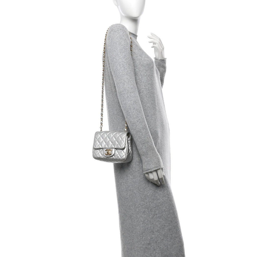 Metallic Lambskin Quilted Mini Square Flap Silver