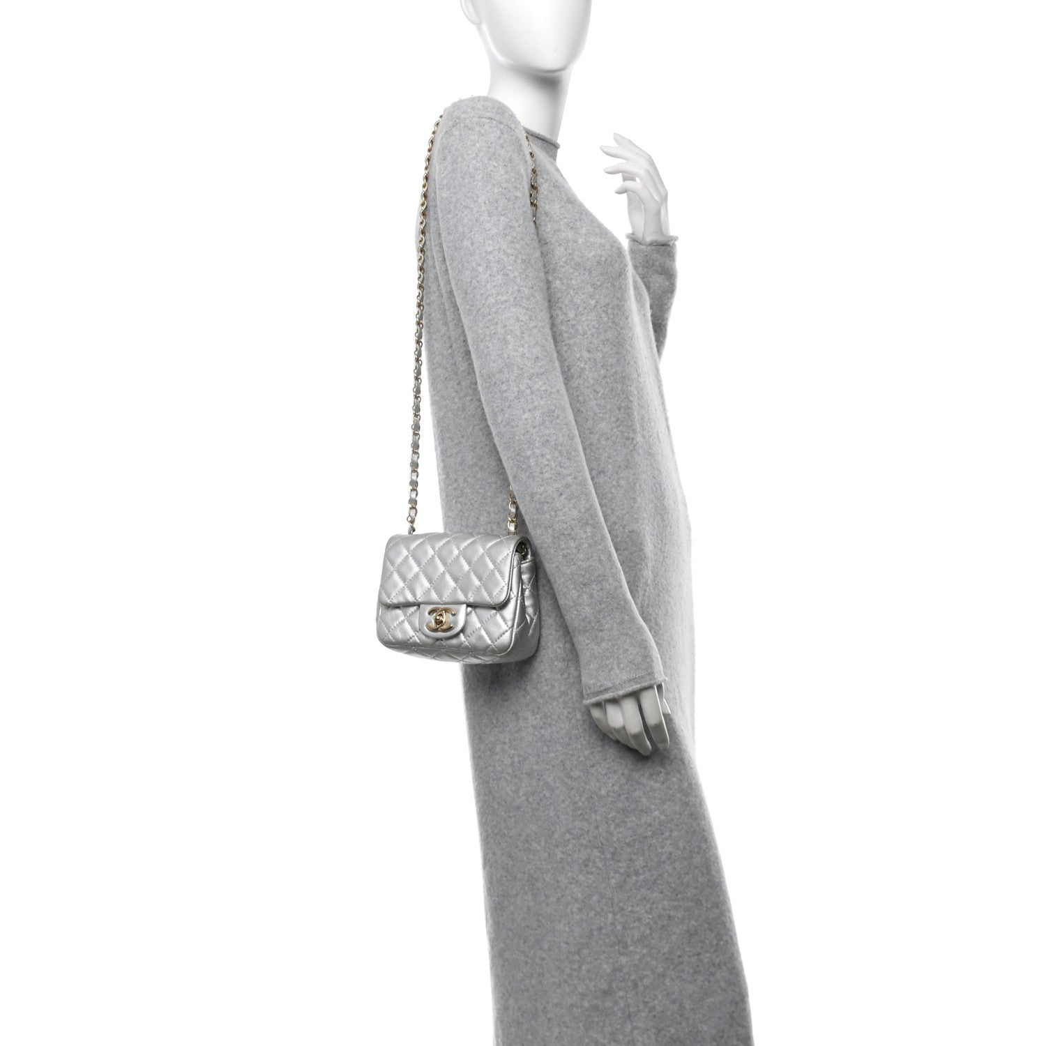 Metallic Lambskin Quilted Mini Square Flap Silver