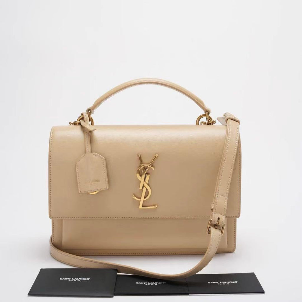 Saint Laurent Sunset Bag Medium Calfskin Monogram Beige with Gold Hardware