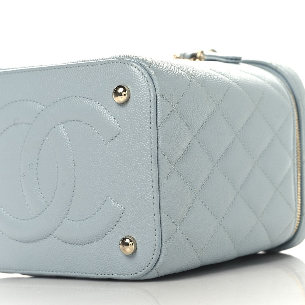 Caviar Quilted Small Top Handle Vanity Case With Chain Light Blue