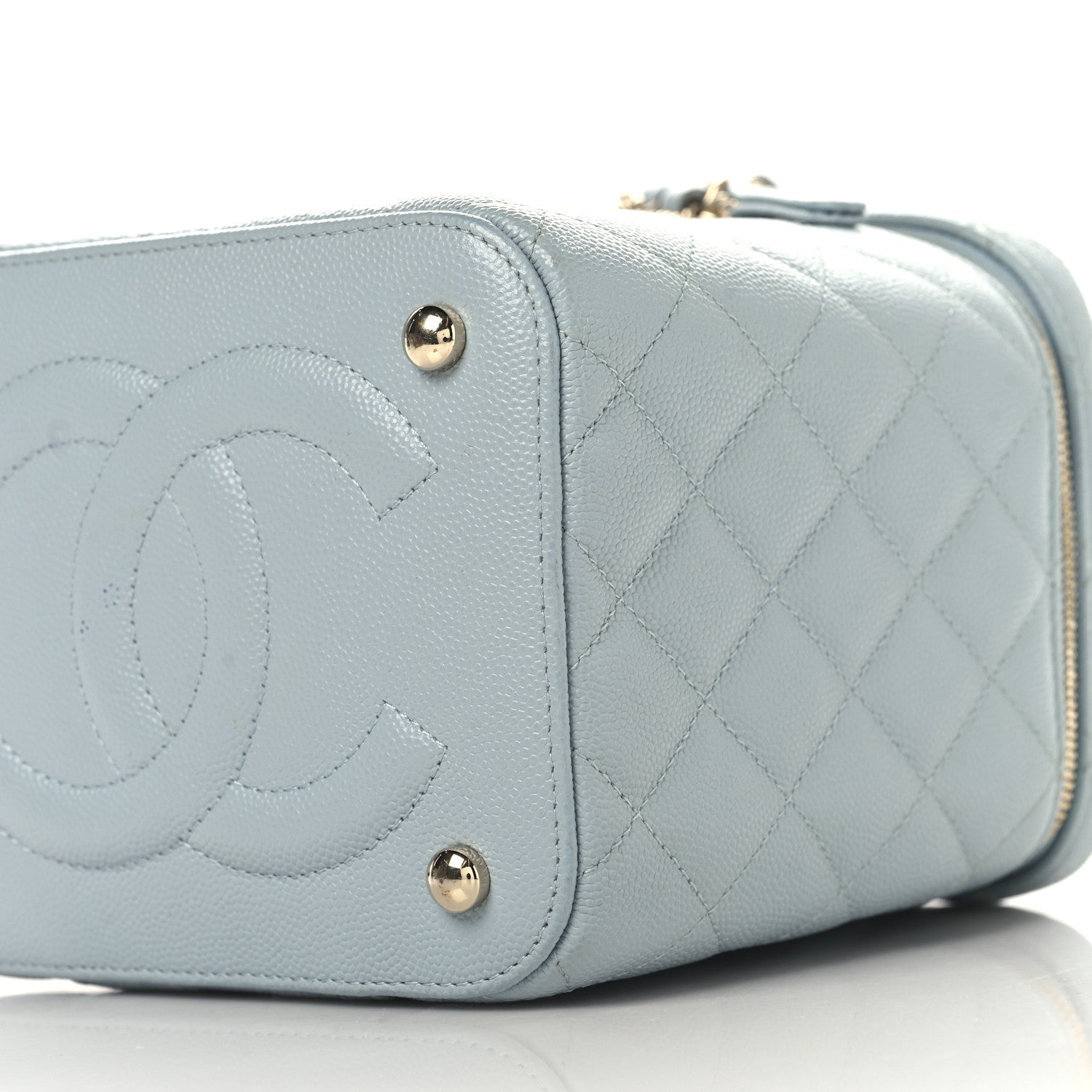 Caviar Quilted Small Top Handle Vanity Case With Chain Light Blue