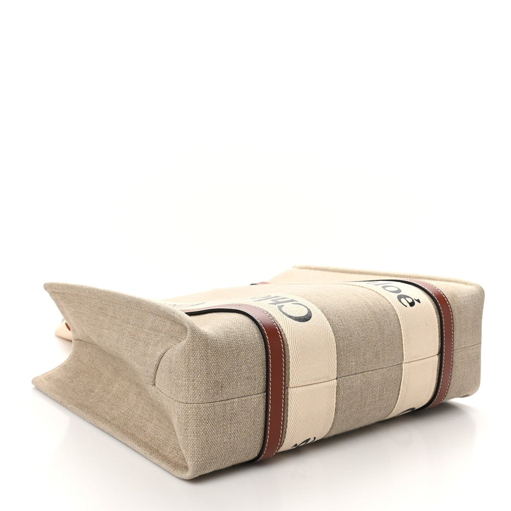 Linen Calfskin Medium Woody Ribbon Tote White Brown