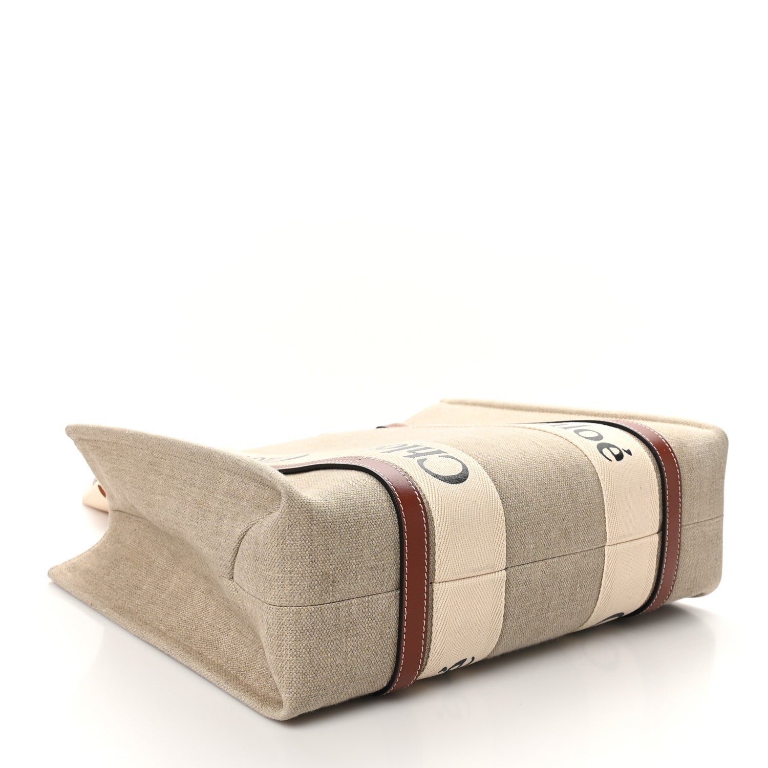 Linen Calfskin Medium Woody Ribbon Tote White Brown