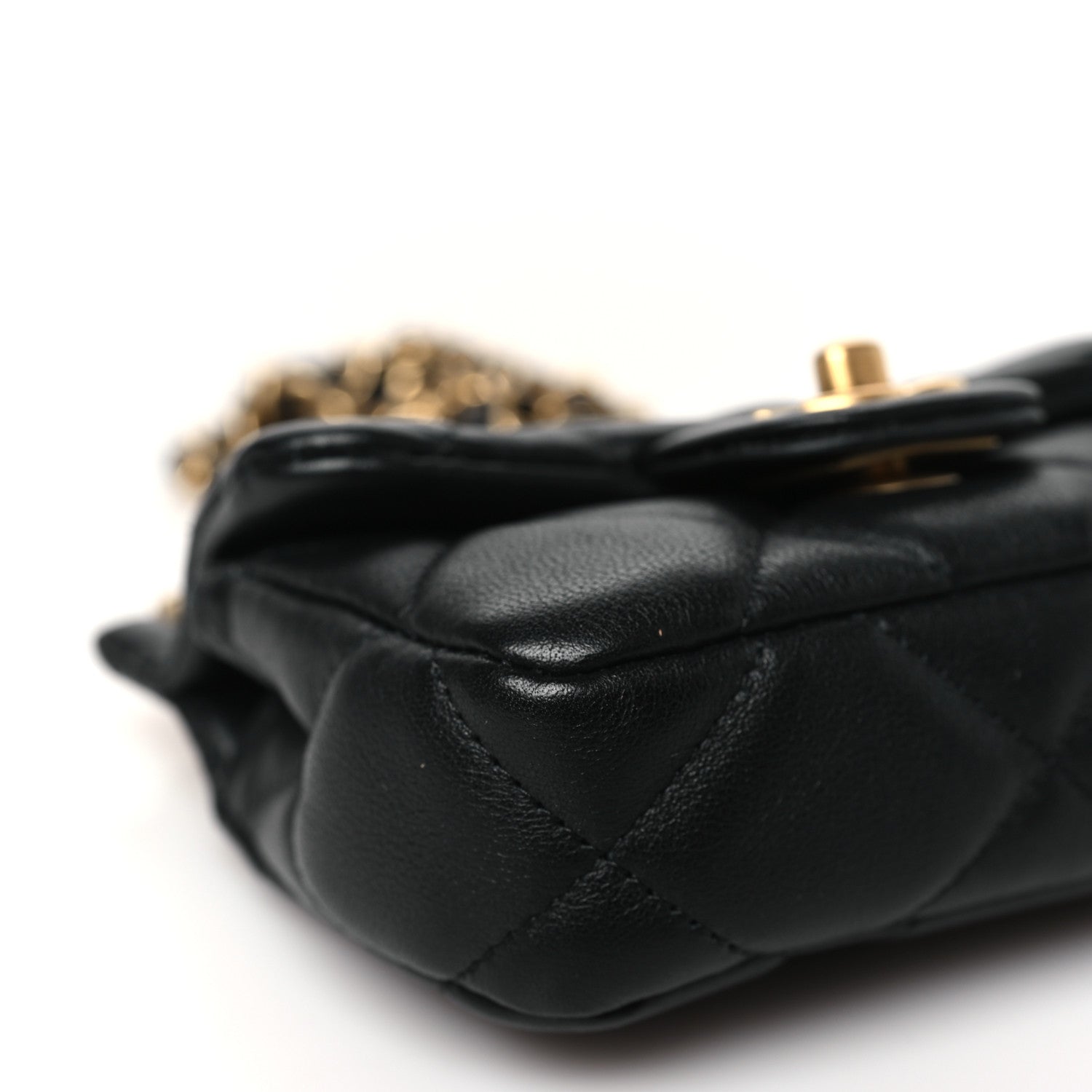 Calfskin Quilted Lady Handle Clutch With Chain Black