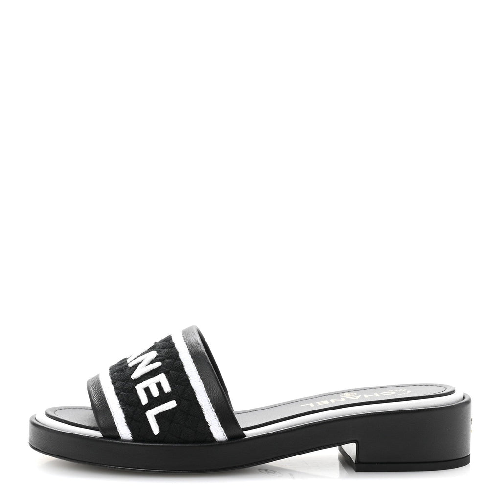Lambskin Embroidered CC Mule Sandal 38.5 Black White