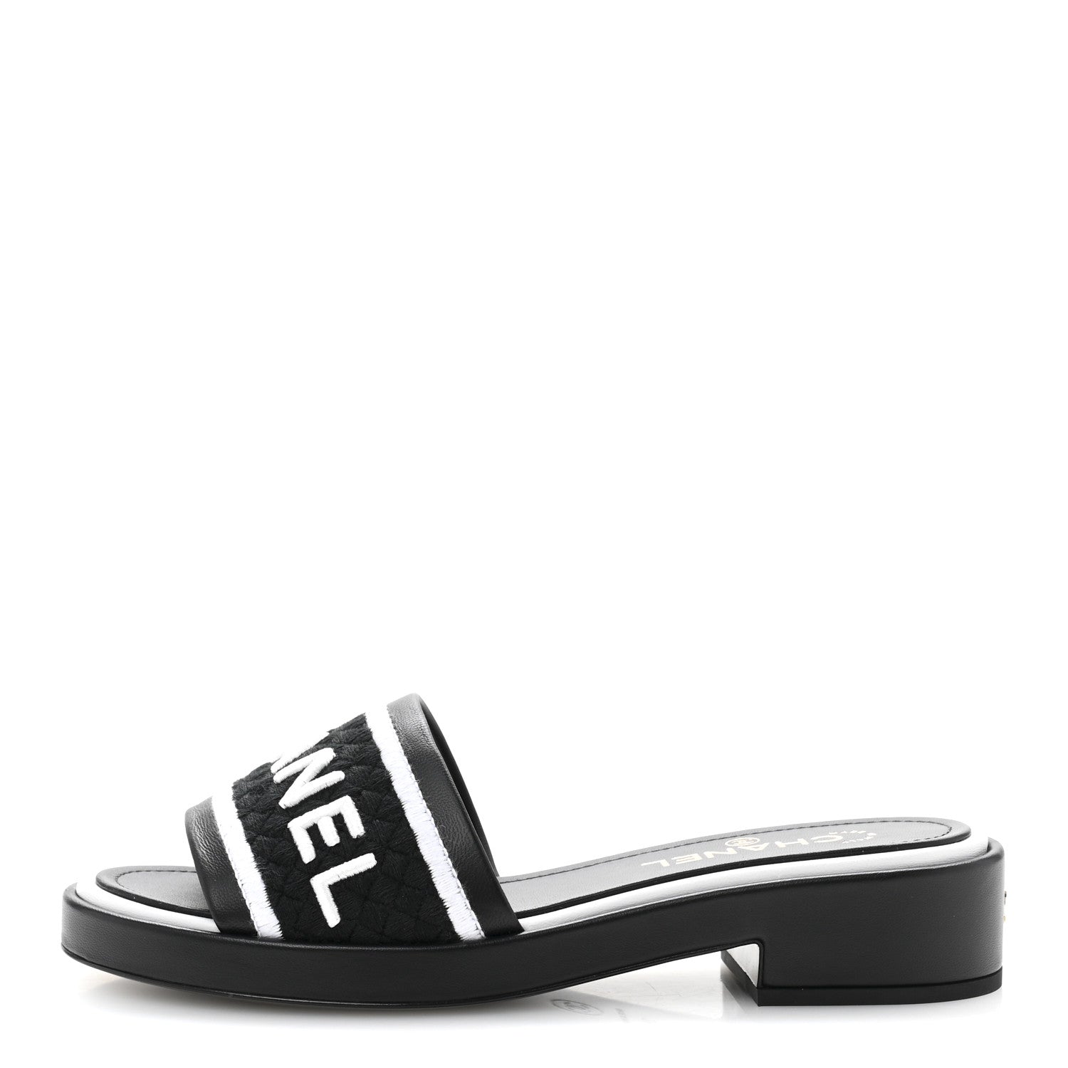Lambskin Embroidered CC Mule Sandal 38.5 Black White