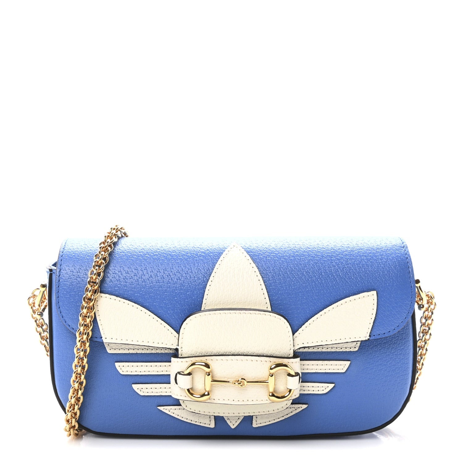 X ADIDAS Textured Dollar Calfskin Web Small Trefoil Horsebit 1955 Shoulder Bag Blue Off White