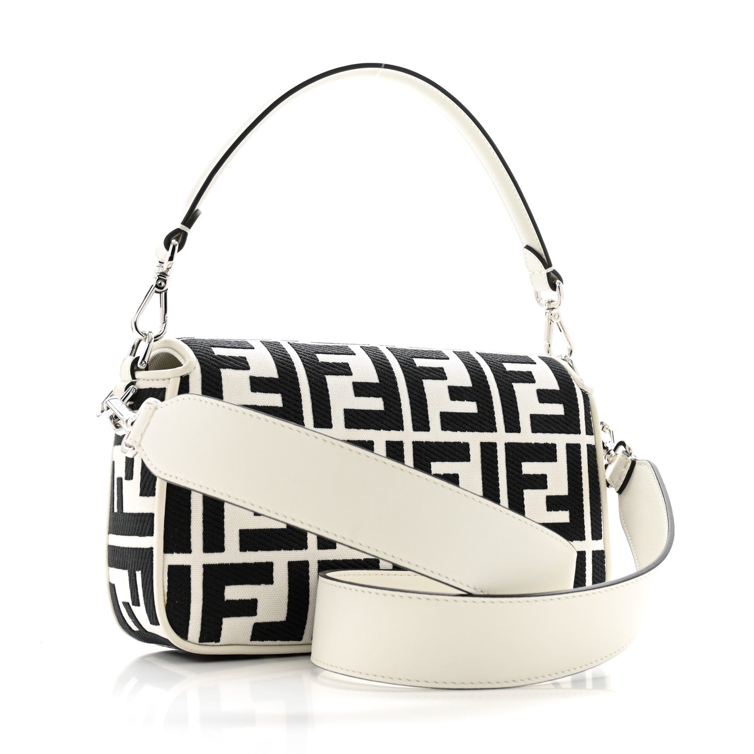 Canvas Vitello King FF Embroidered Baguette White Black