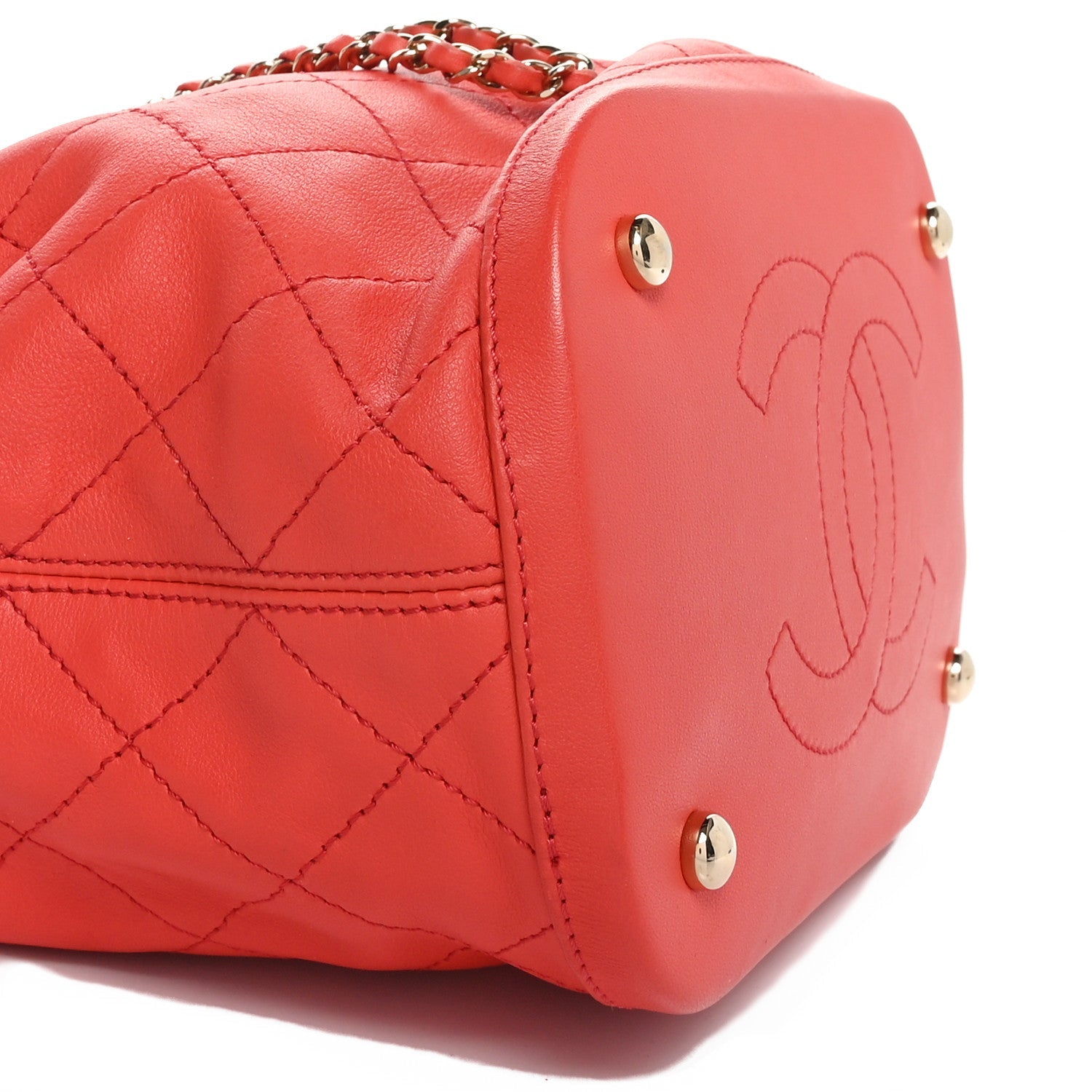 Calfskin Stitched Chain Bucket Bag Coral