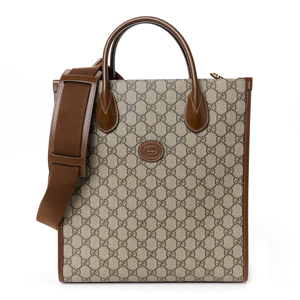 GG Supreme Monogram Textured Dollar Calfskin Web Retro Interlocking G Vertical Tote Bag Beige Ebony Brown Sugar