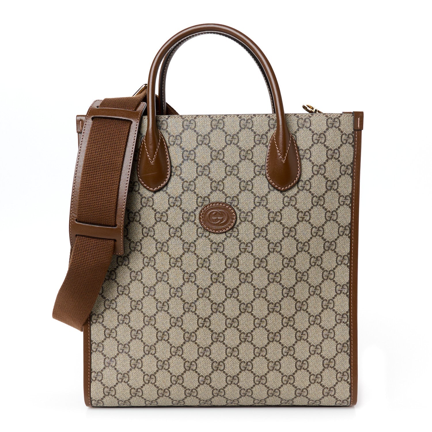 GG Supreme Monogram Textured Dollar Calfskin Web Retro Interlocking G Vertical Tote Bag Beige Ebony Brown Sugar