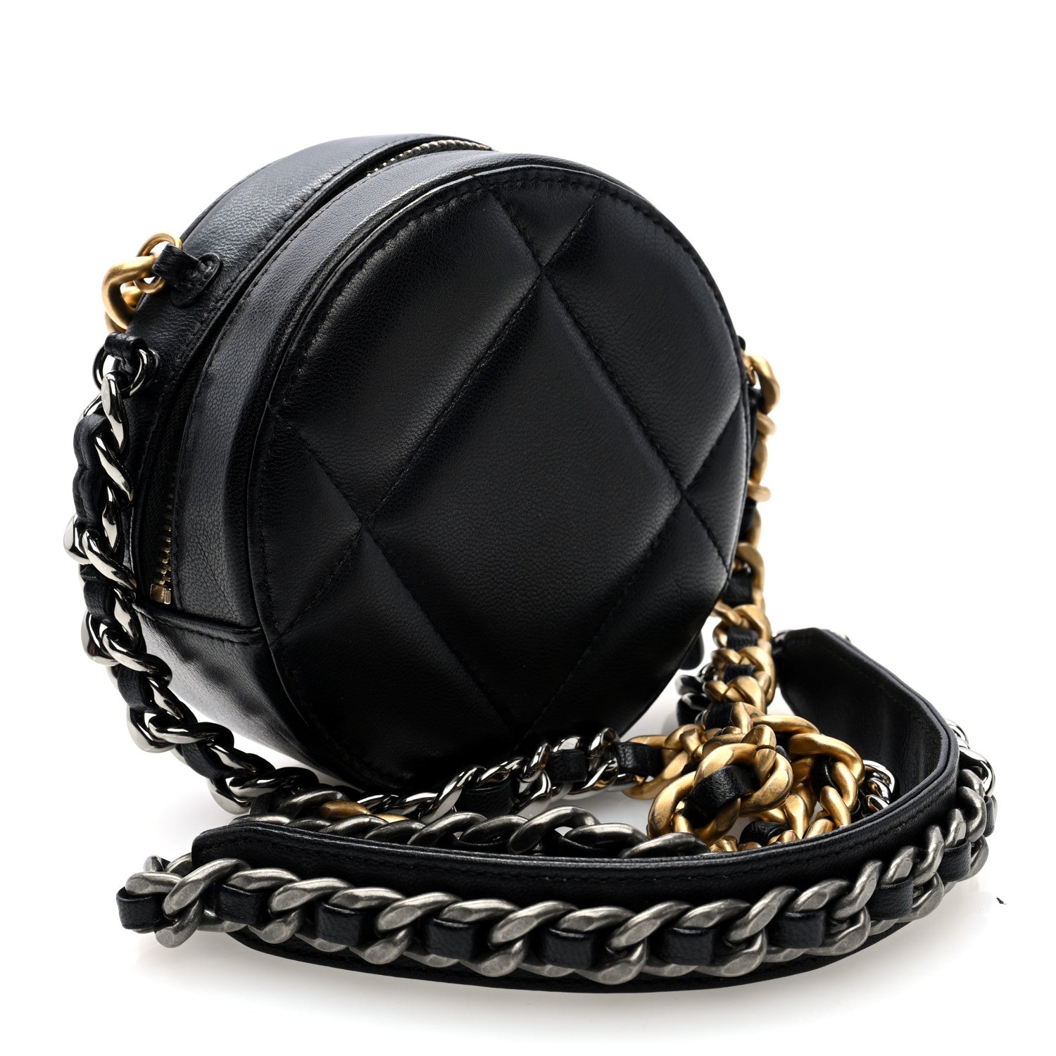 Lambskin Quilted Chanel 19 Round Clutch With Chain Black
