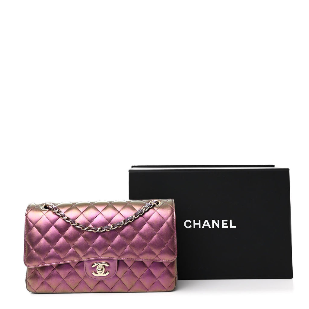 Iridescent Lambskin Quilted Medium Double Flap Purple