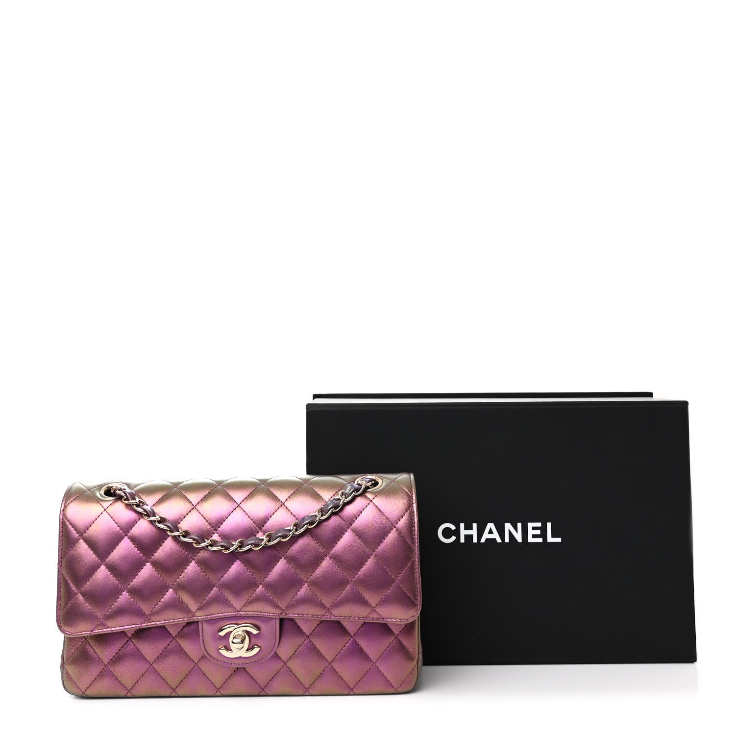 Iridescent Lambskin Quilted Medium Double Flap Purple