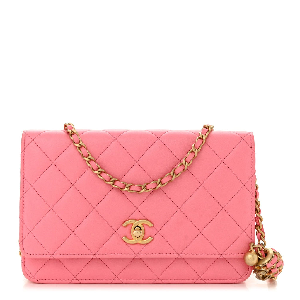 Lambskin Quilted CC Pearl Crush Wallet on Chain WOC Pink