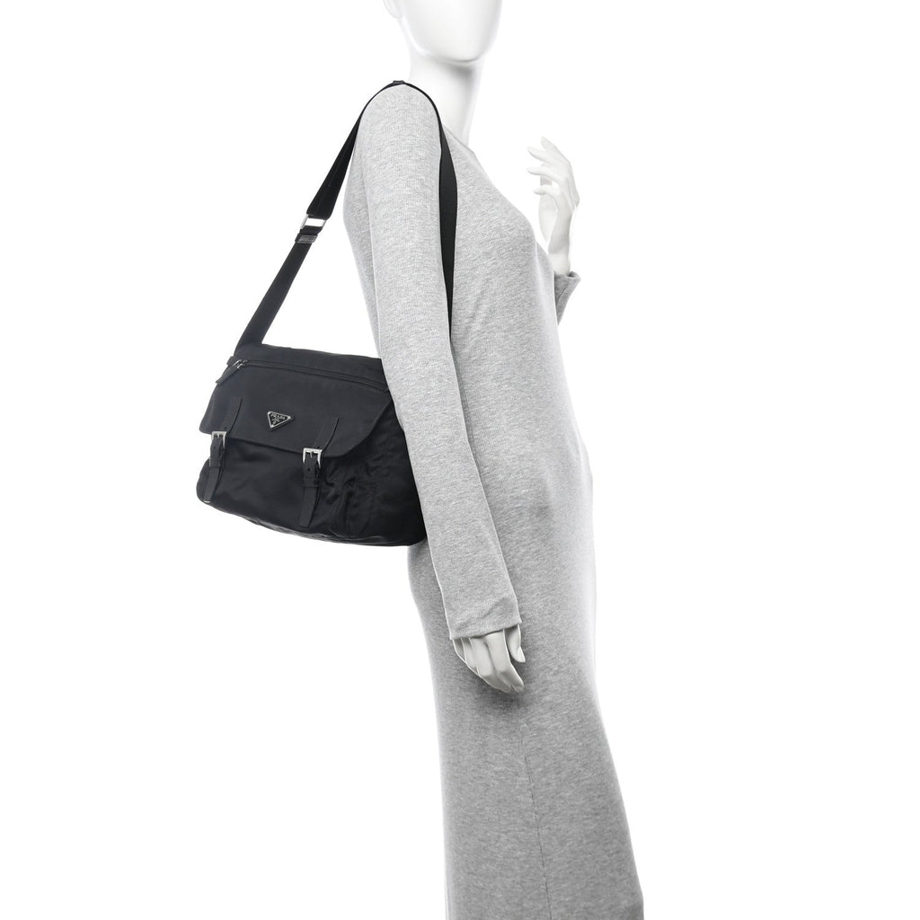 Tessuto Nylon Saffiano Double Buckle Messenger Shoulder Bag Black