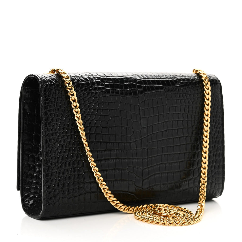Calfskin Crocodile Embossed Medium Classic Monogram Kate Tassel Satchel Black
