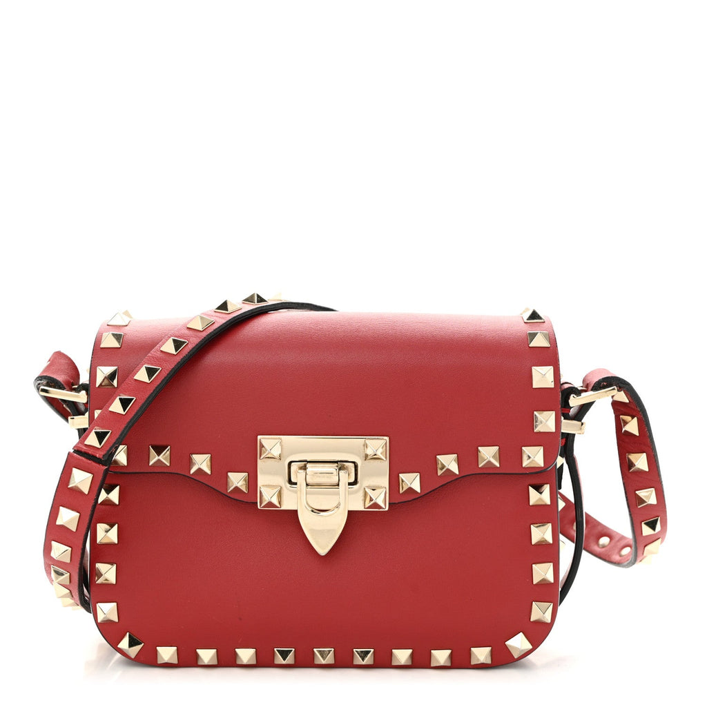 Vitello Small Rockstud Flap Saddle Bag Red