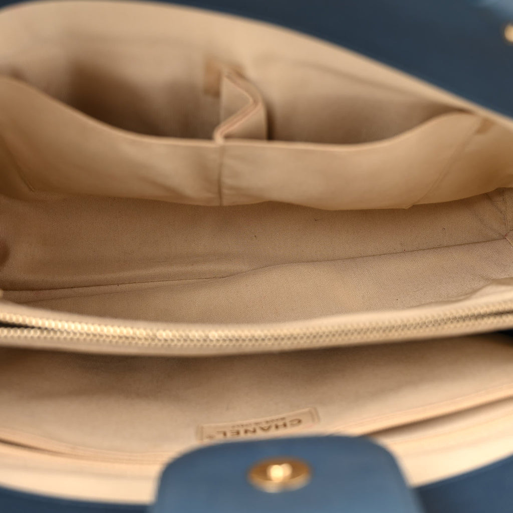 Grained Calfskin Stitched Large Label  Shopper Tote Blue