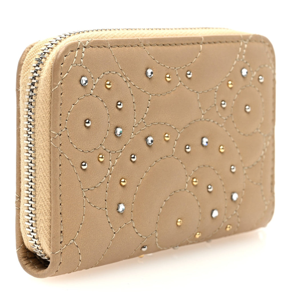 Metallic Lambskin Crystal Camellia Embossed Zip Coin Purse  Gold