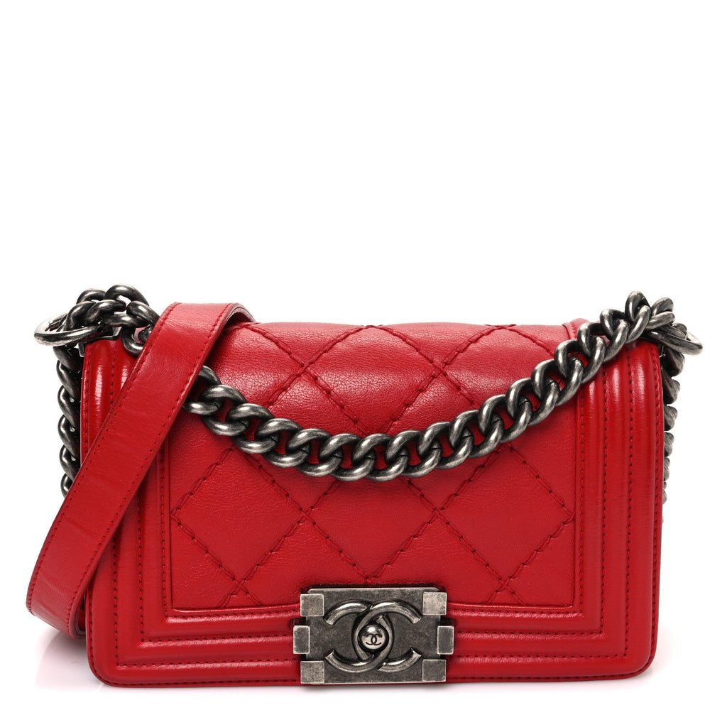 Calfskin Double Stitch Small Boy Flap Red