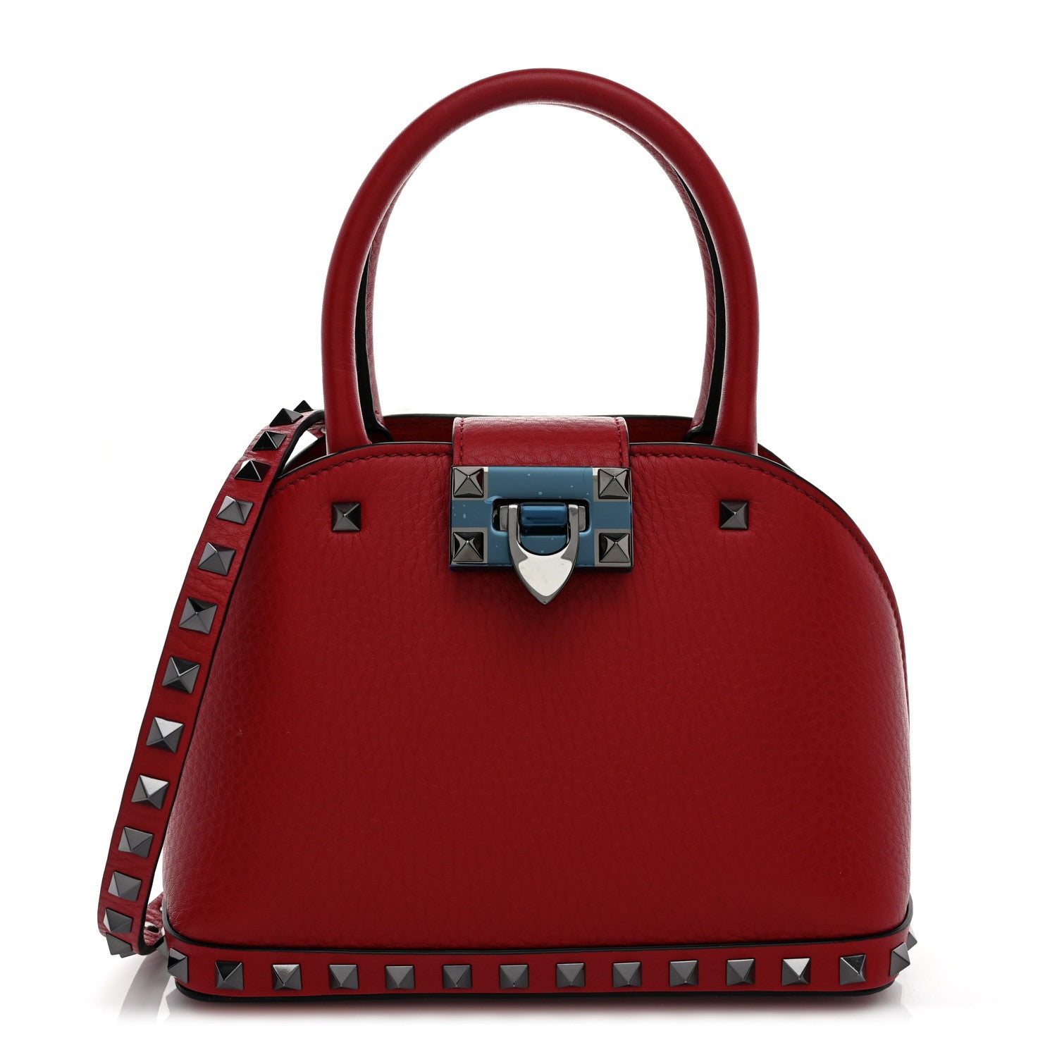Grainy Calfskin Small Rockstud Double Top Handle Bag Rosso Valentino
